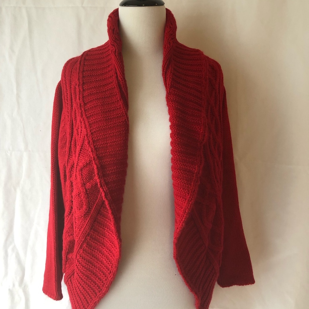 2 shrug sweaters high collar cable knit red black